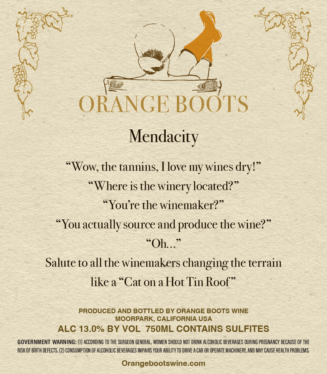 Wine label with text and branding for Orange Boots Wine on a beige background