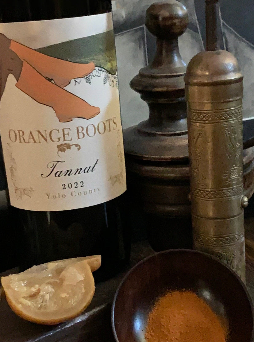 Orange Boots Wine with notes of Licorice, Spice, and Dark Chocolate. 2022 Tannat.