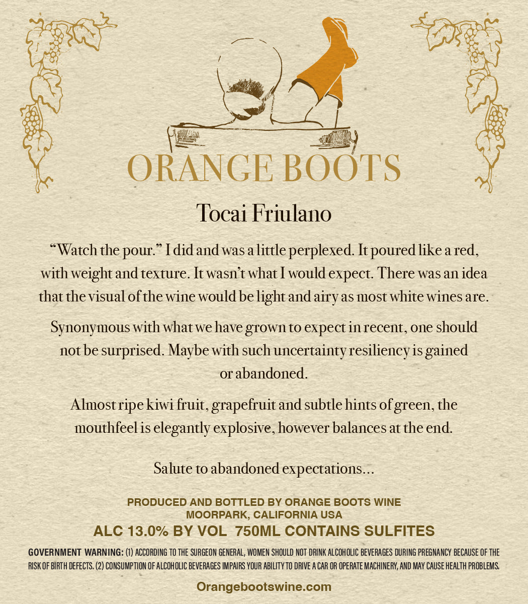 Wine label for Tocai Friulano by Orange Boots with text and decorative elements.